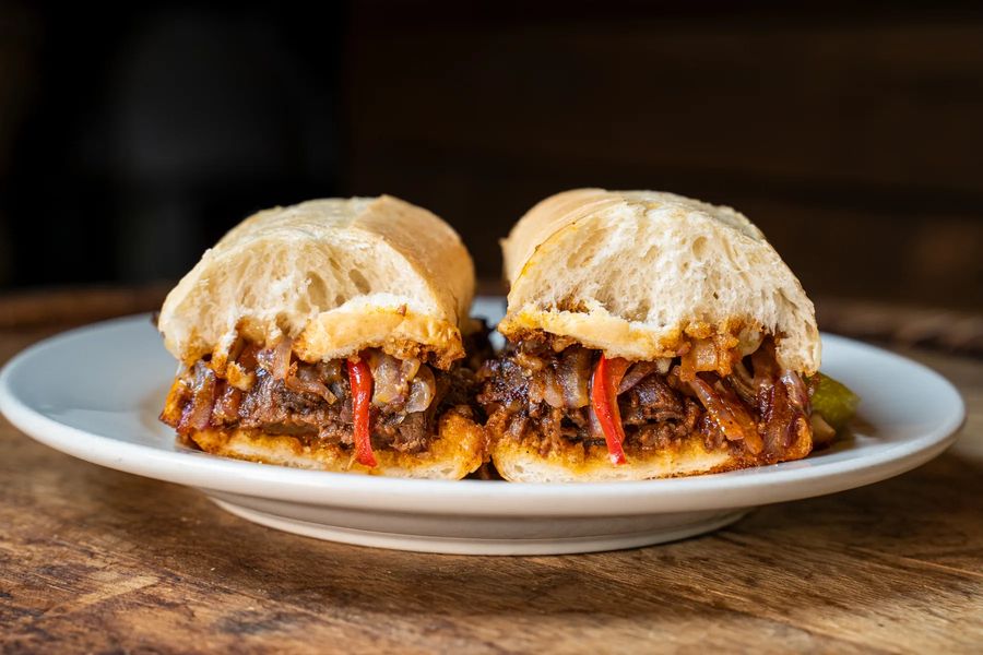Smokehouse Brisket Philly with bell peppers and onions at Hop N Grape in Longview, WA