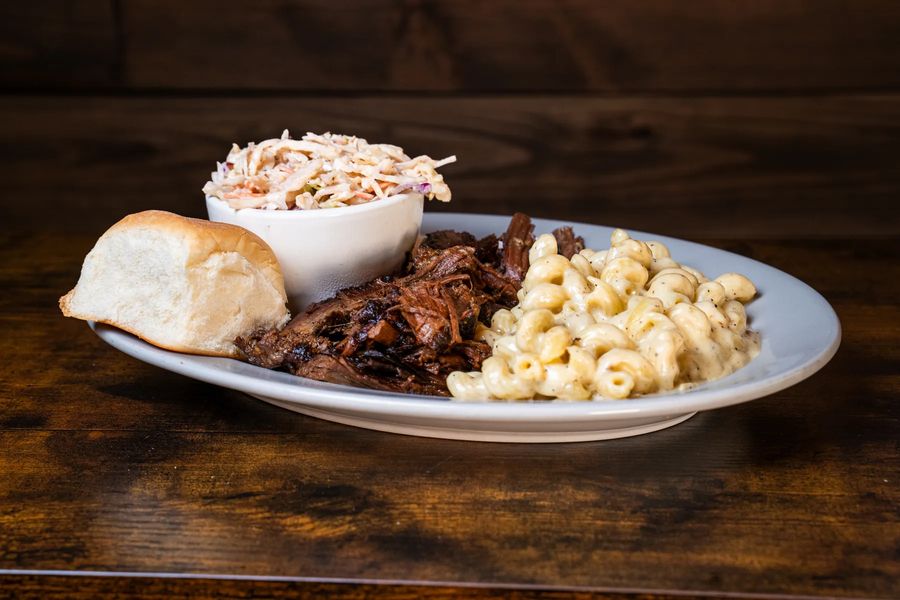 Beef Brisket Platter with pepper jack mac & cheese, cole slaw and a homestyle roll at Hop N Grape in Longview, WA