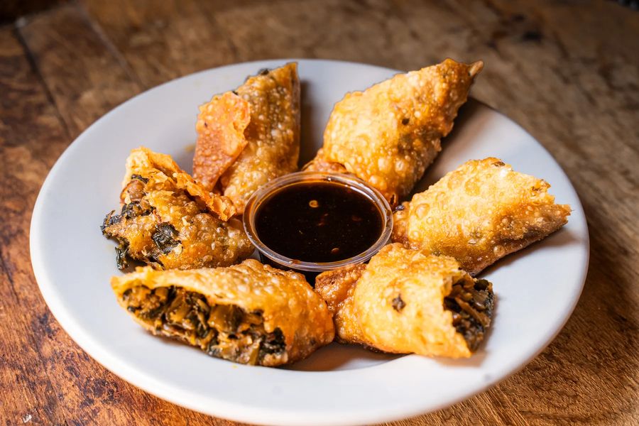 Fried collard green rolls with dipping sauce at Hop N Grape in Longview, WA